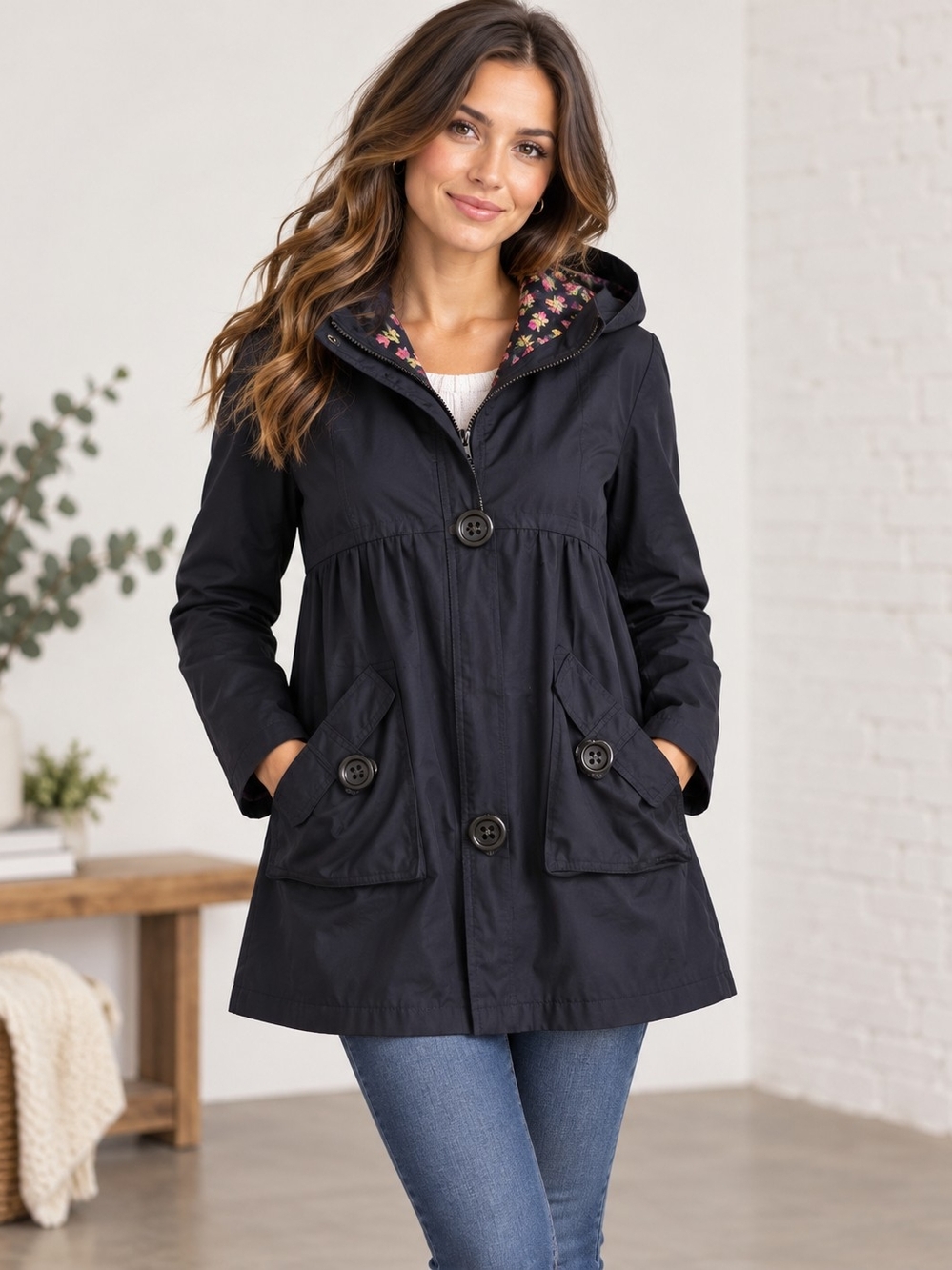 Betsey Johnson Black Hooded A-Line Trench Coat with Floral Lining
